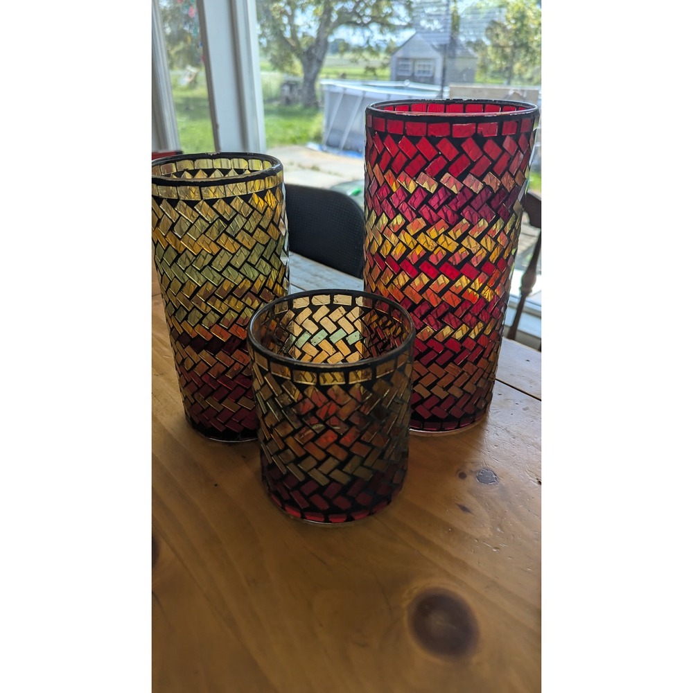 TAG Mosaic Glass‎ Candle Holder Set 3 Red Amber Herringbone Vases Boho Decor